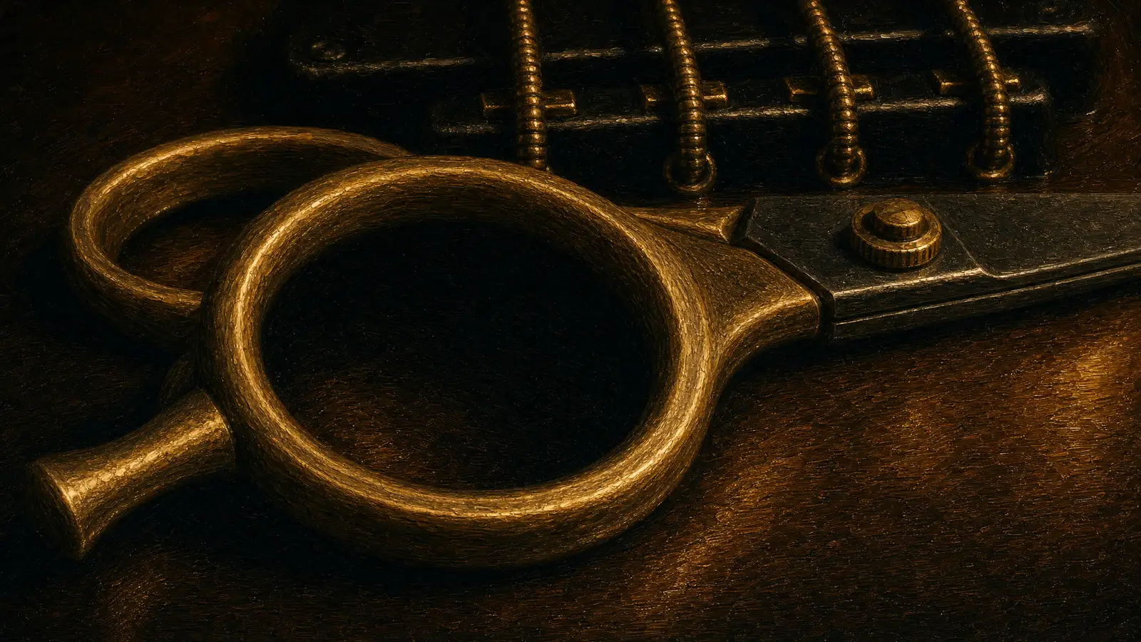 Barber shears resting against the strings of a bass
