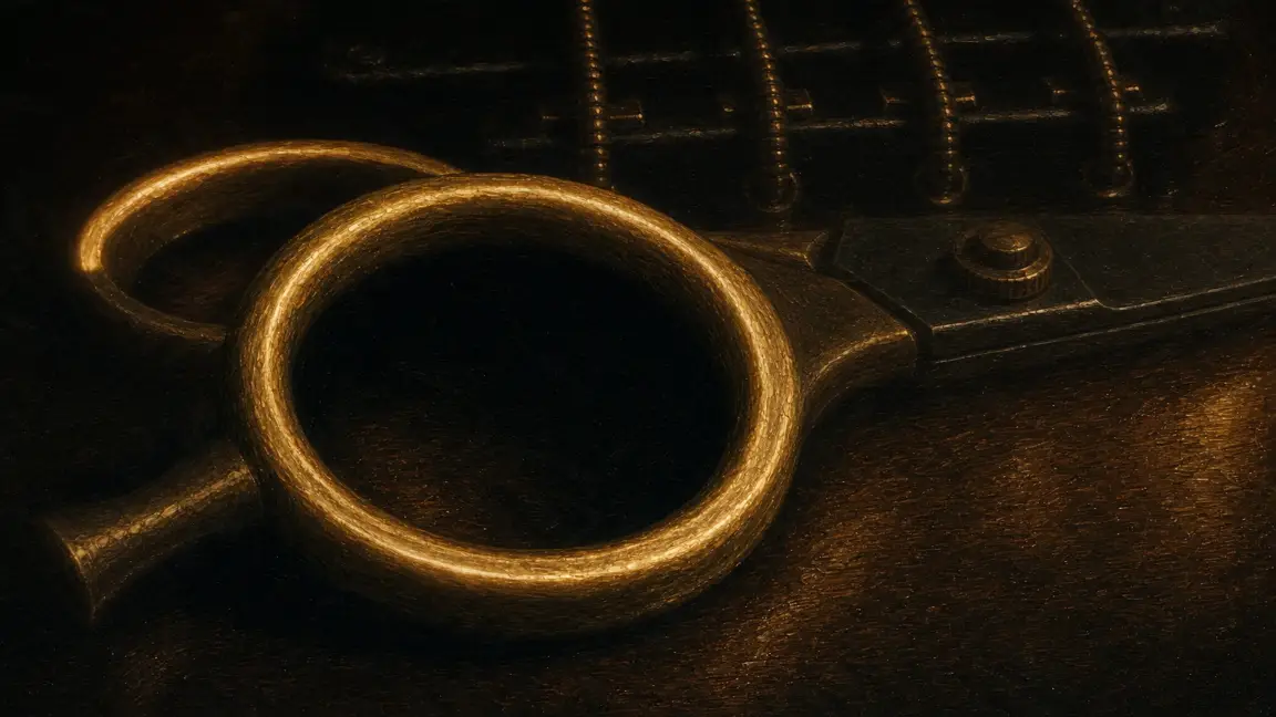 A gold ring floating in darkness, becoming the finger ring of barber shears